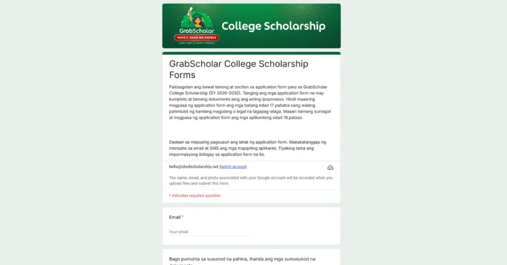 Grab College Scholarship application form